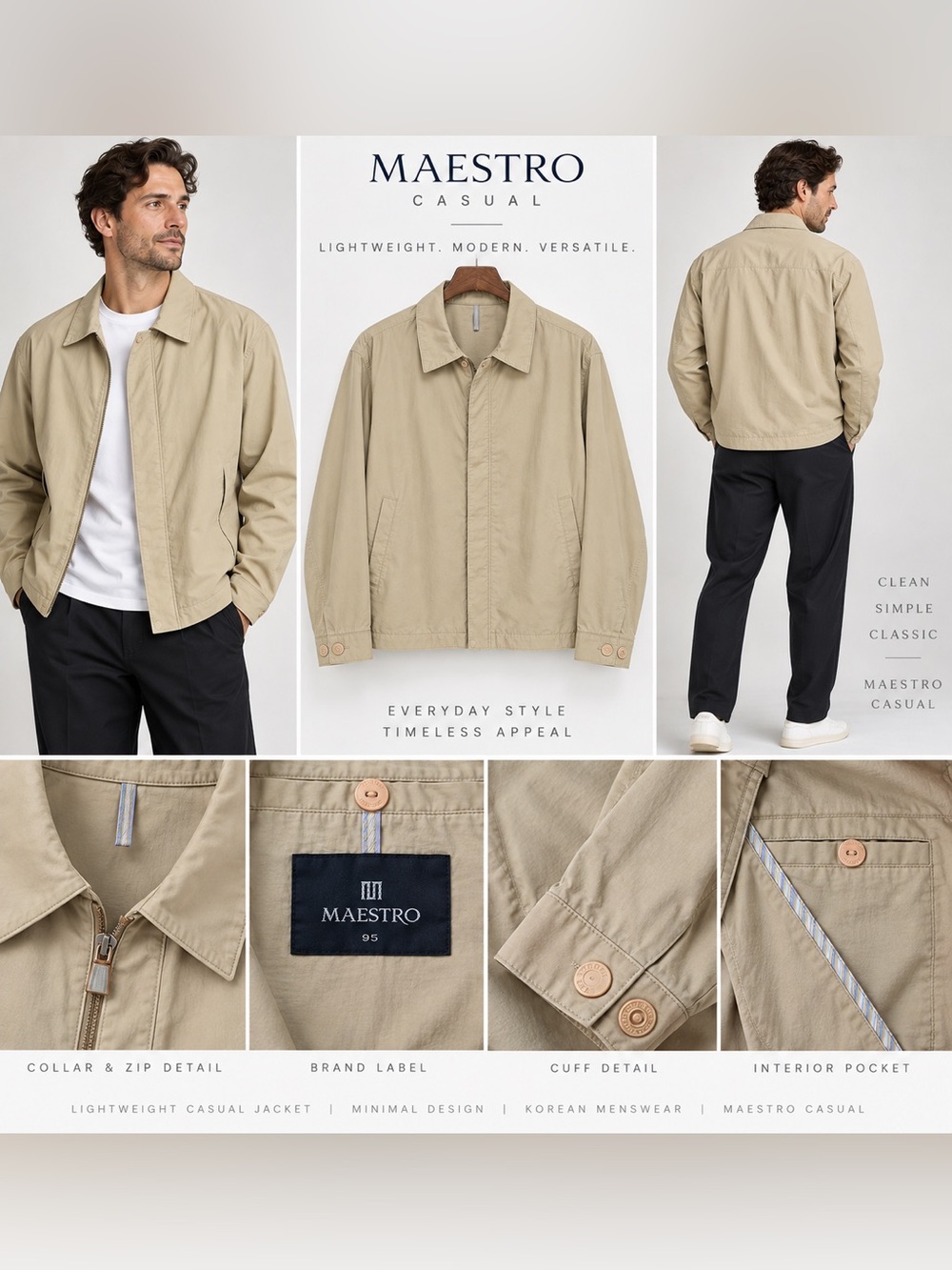 Maestro Casual Men’s 95 Beige Lightweight Zip Jacket Korean Designer